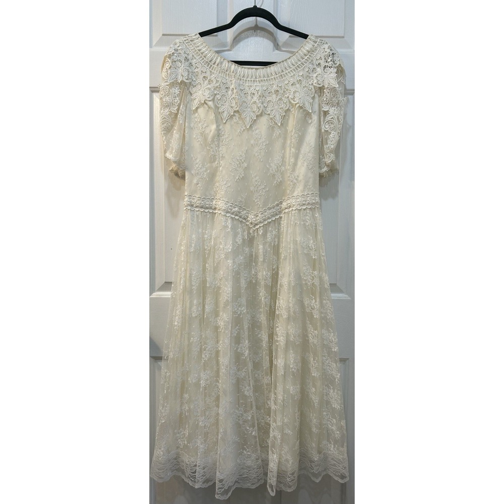 Vintage Jessica McClintock of Gunne Sax Ivory Lace Prairie Dress Sz 10 Bridal